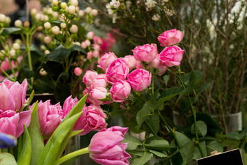 pink flowers, bouquet in a glass vase, ebony, bouquet