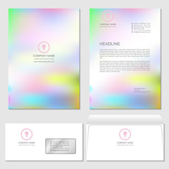 Template of letterhead and mail envelope with fashion holographic pattern. Example of placing a logo and contact information
