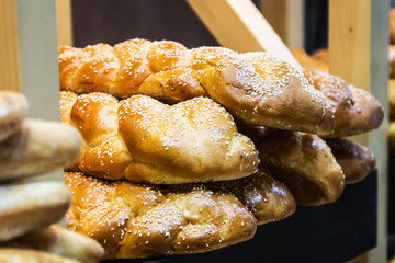 freshly baked bread and bakery products on the counter