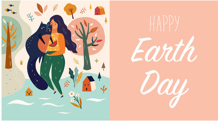 Happy Earth Day Vector template with woman and bouquet of flowers. Banner templates, poster, greeting cards
