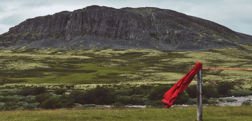 Fototapeta na wymiar Red raincoat flying in the wind.