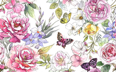 Watercolor floral pattern. Seamless pattern with purple and pink bouquet on white background. Meadow flowers, roses, peonies and butterflies