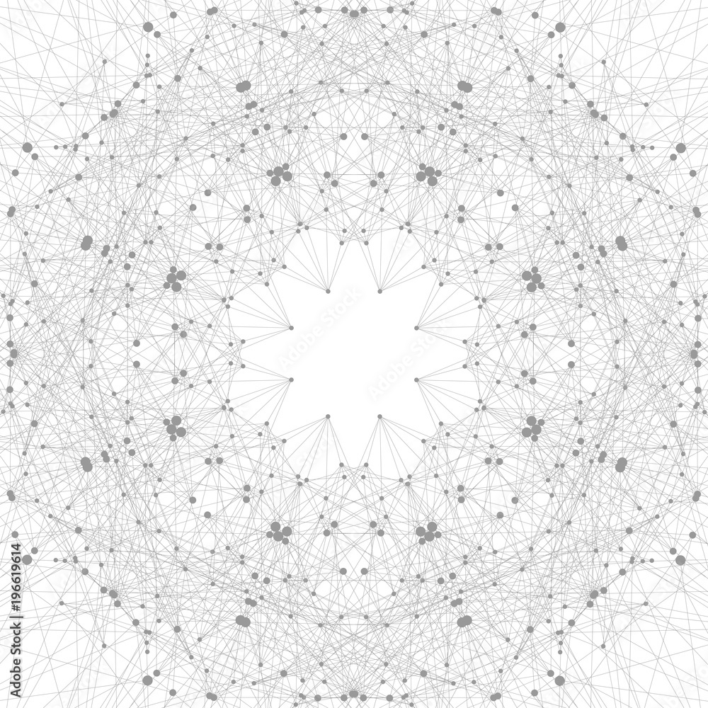 Poster Graphic abstract background communication. Geometric scientific pattern with compounds. Minimal array lines and dots. Lines plexus. Digital data visualization. Scientific illustration.