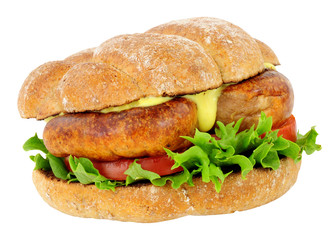 Sausage and salad sandwich roll isolated on a white background
