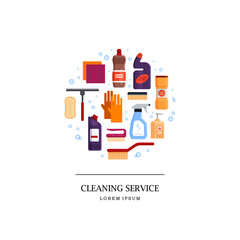 Cleaning service logo. Set house cleaning tools in circle isolated on white background. Detergent and disinfectant products, household equipment for washing - flat vector illustration