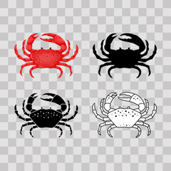 Set of flat red, black, thin line white crab isolated on transparent background - vector illustration. Sea water animal icon. Zodiac canser © Ekaterina Mikhailova