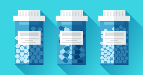 Jar with medicine. Medical icons set in flat style, blue pill bottle on color background. Vector design element