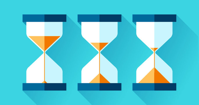 Hourglass icons set in flat style, sandglass on blue background. Vector design elements for you project 