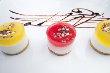 Sweet colourful fruit panna cotta with chocolate decoration