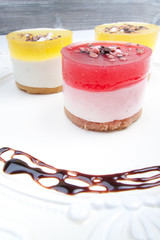 Sweet colourful fruit panna cotta with chocolate decoration