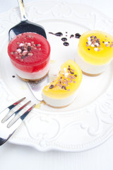 Sweet colourful fruit panna cotta with chocolate decoration