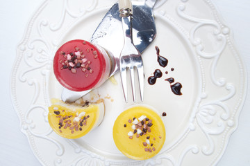 Sweet colourful fruit panna cotta with chocolate decoration