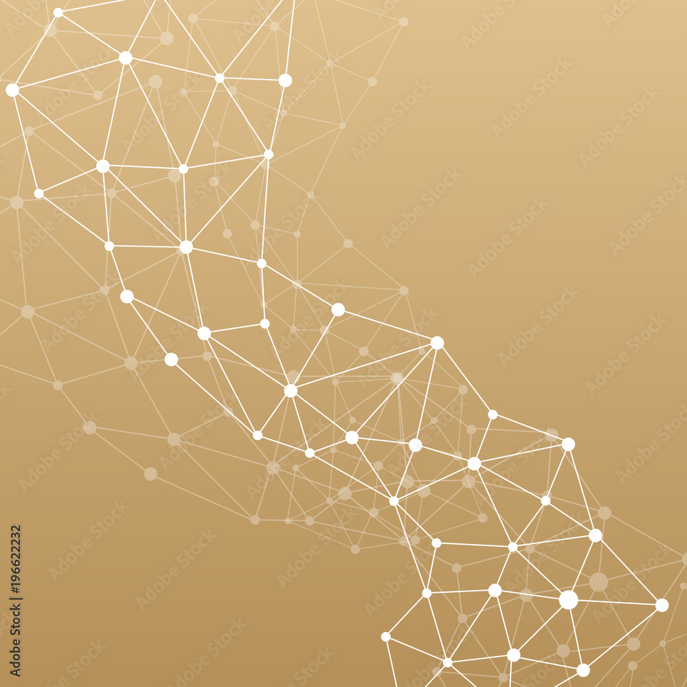 Poster golden structure molecule atom dna and communication background. concept of neurons. connected lines
