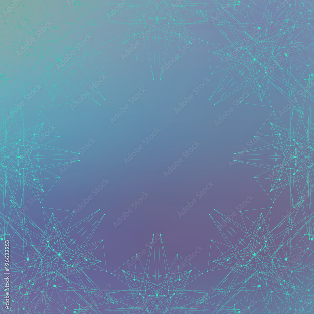 Poster Graphic abstract background communication. Geometric scientific pattern with compounds. Minimal array lines and dots. Lines plexus. Digital data visualization. Scientific illustration.