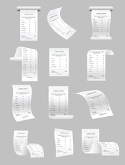 Naklejka premium Vector illustration set of paper print checks and bills vector elements. Retail ticket isolated object, realistic atm bill, financial invoice on gray background.