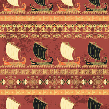 Seamless pattern with ancient greek ships and ornament. Traditional ethnic background. Vintage vector illustration