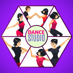 Dance Studio Template. Composition with Different Dance Styles in Cartoon Style for Fliers Posters Prints of Dance School and Studio. Vector Illustration