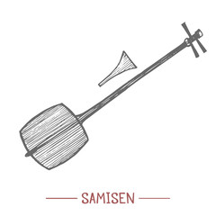 Samisen. Japanese Traditional Musical Instrument in Hand Drawn Style for Surface Design Fliers Prints Cards Banners. Vector Illustration
