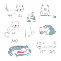 Collection of hand drawn different cute funny cartoon cat doodles, in black and white. Isolated objects on white background. Vector illustration. Design concept for children.