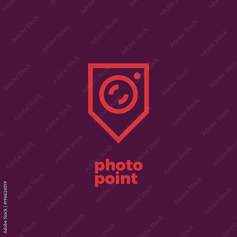 Poster vector outline logotype of navigation pin with camera. concept of place for photography. camera logo