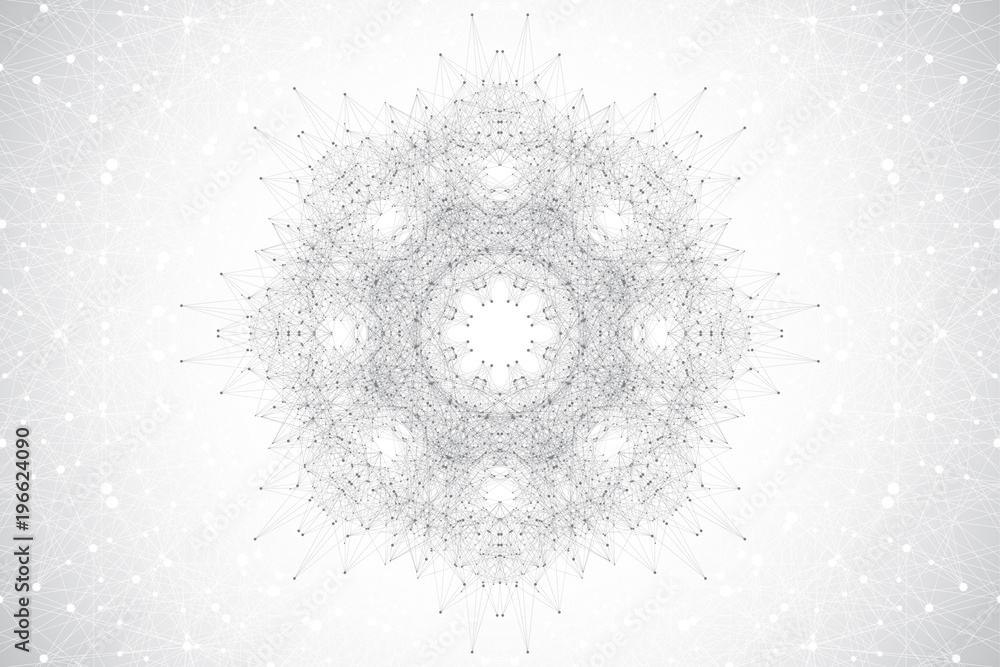 Poster geometric abstract round form with connected line and dots. minimalism chaotic background. linear si