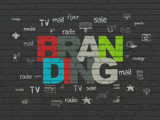 Marketing concept: Painted multicolor text Branding on Black Brick wall background with  Hand Drawn Marketing Icons