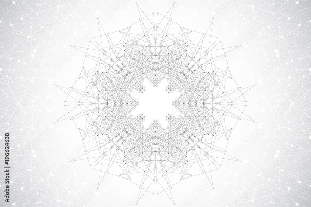 Poster Geometric abstract with connected line and dots, radial graphics. Minimalism chaotic background visualization. Linear sign, symbol. Big data illustration.