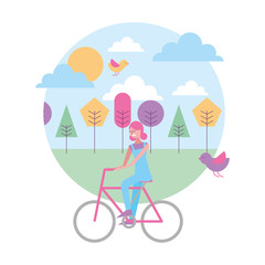 happy young woman riding bicycle in the park birds flying vector illustration
