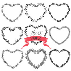 Hand drawn rustic vintage heart wreaths. Floral vector graphic. Nature design elements.