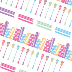 background with bench park buildings lamps vector illustration