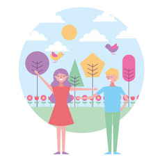 happy couple standing in the park spring flowers birds trees vector illustration
