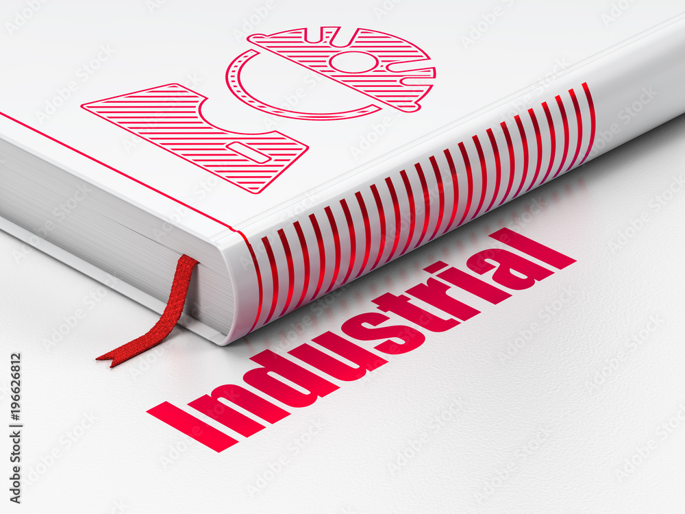 Poster industry concept: closed book with red factory worker icon and text industrial on floor, white backg