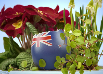 The flag of New Zealand on an cracked egg in a floral scene.(series)