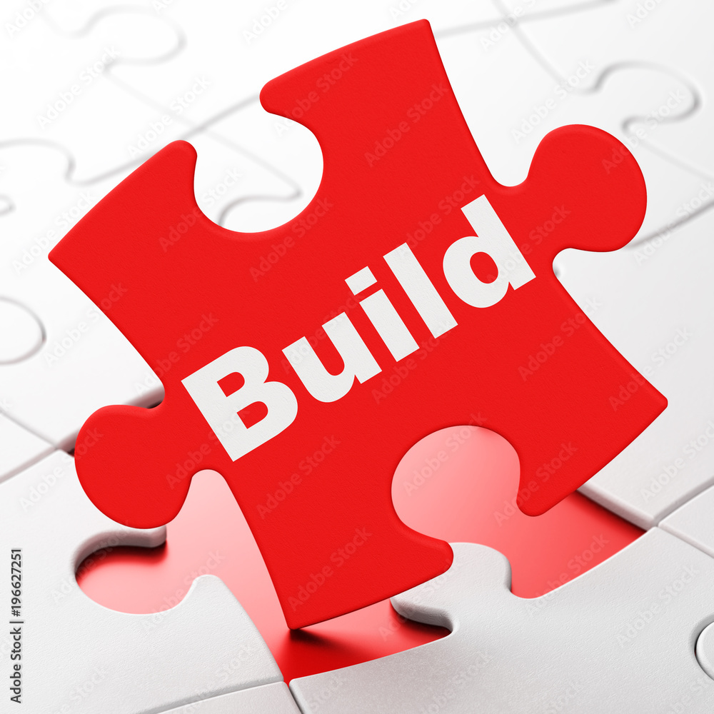 Poster constructing concept: build on red puzzle pieces background, 3d rendering