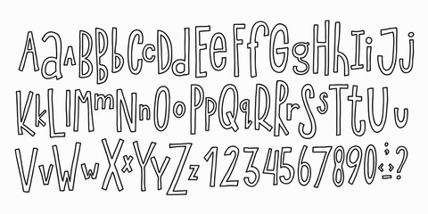 Doodle simple primitive kids alphabet, vector hand drawn letters elements. For kids books, posters, postcard typography