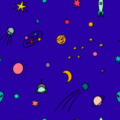 Fototapeta na wymiar Cosmos space astronomy simple seamless pattern. Endless galaxy inspiration graphic design typography element. Hand drawn Cute simple vector background.