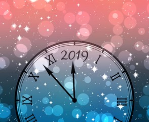 Fototapeta na wymiar Pink blue New Year background with clock, bokeh and stars