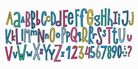 Doodle simple primitive kids alphabet, vector hand drawn letters elements. For kids books, posters, postcard typography