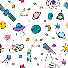 Kosmos Raumastronomie einfaches nahtloses Muster. Endlose Galaxie Inspiration Grafikdesign Typografie Element. Hand gezeichneter netter einfacher Vektorhintergrund.