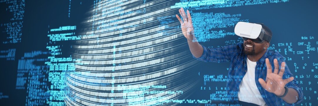 Composite image of man gesturing while using virtual reality