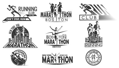 A set of monochrome design of logos, badges for a running tournament, a sports team, a marathon. Vector illustration.
