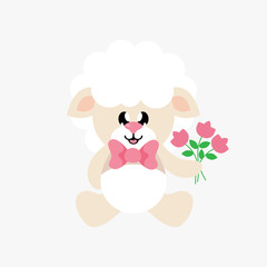 cartoon cute sheep sitting with tie and flowers