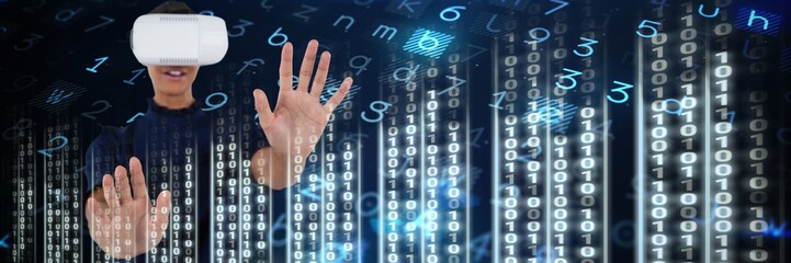 Composite image of woman gesturing while using virtual reality