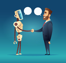 robot and a man greeted. meeting of artificial intelligence and businessman
