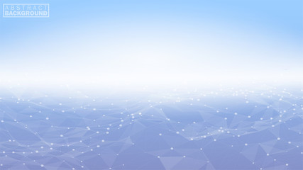 Design of an abstract background surface of lines of points and triangles. Glow on the gorizonte. Plexus design. Vector illustration