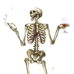 Tuinposter Menselijk skelet met sigaret en wijn. Aquarel illustratie. © nataliahubbert