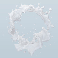 White liquid fresh milk, yogurt waves splash isolated on light background. Glossy shining milk, almond milk, soy, oat, coconut milk, yogurt, cream, shampoo, cosmetic soap. Liquid splashing 3D image