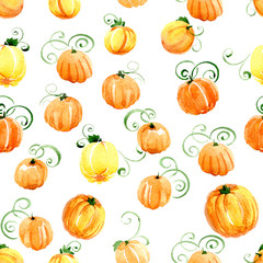 Seamless pattern of orange pumpkins watercolor on a white background.