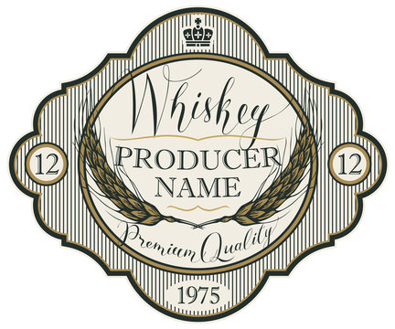 Vector label for whiskey in the figured frame with crown, ears of barley and handwritten inscription on striped background in retro style