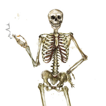 Human Skeleton holding cigarette. Watercolor Illustration.